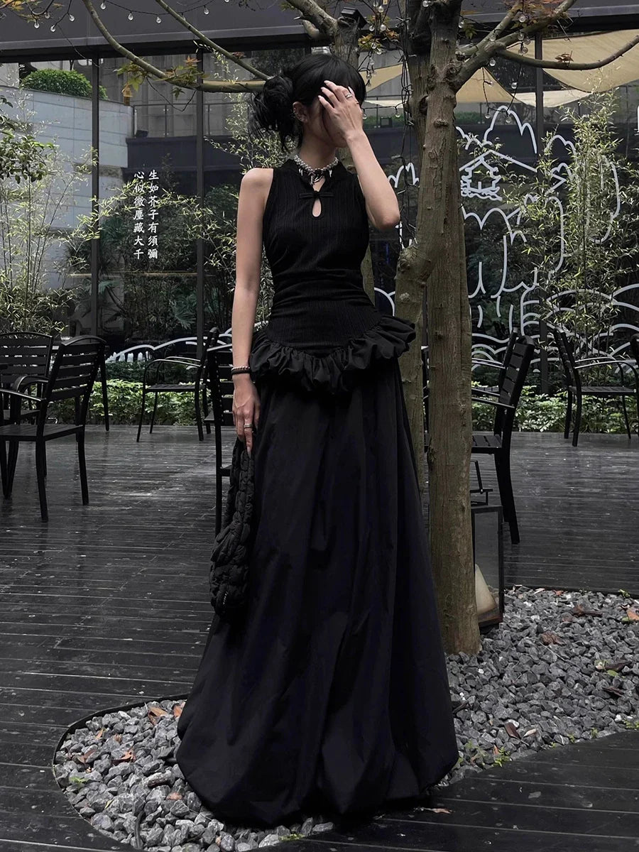 vmtvr  -  Steampunk Black Evening Party Dress Women Cut-out Ruffle Patchwork Sleeveless Maxi Long Tank Dress Gothic Retro Clothes