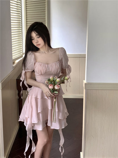 vmtvr Pink Kawaii France Style Short Dress Women Elegant Evening Party Midi Dresses Cute Sweet Puff  Sleeve Clothing