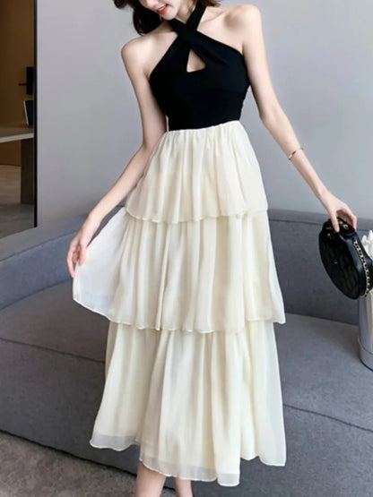 vmtvr Fashion New Sleeveless Casual Women Summer Dress Halter A-Line Patchwork Elegant Chic Party Birthday Robe Female Dresses Vestido