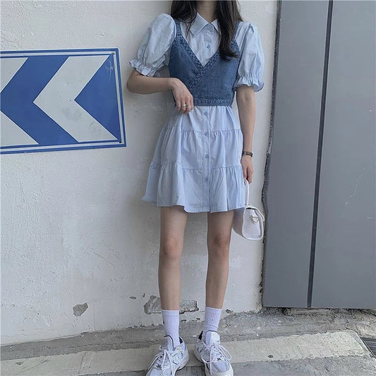 vmtvr 2024 Summer Women's Dress Sets Korean Fashion Elegant Chic Puff Sleeve Shirts Dress Denim Vest 2 Piece Sets New in Matching Sets