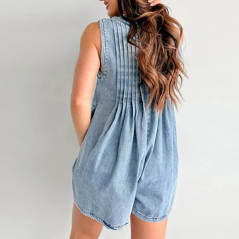 vmtvr 2024 Women's V-neck Lace Up Pocket Jumpsuit Casual Hollow Sleeveless Shorts Romper Sexy Sleeveless Pleated Summer Denim Playsuit