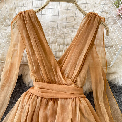 vmtvr - Autumn Khaki/White Bandage Chiffon Long Dress Sexy Deep V-Neck Sleeveless High Waist Vestidos Vacation Beach Maxi Robe  New