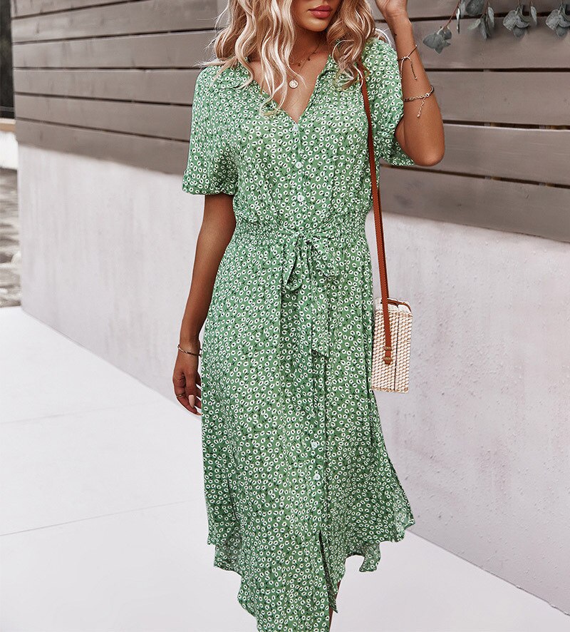 vmtvr  Summer Puff Sleeve Long Dress Women Elegant Printed V-Neck Maxi Dresses Boho Drawstring Loose Holiday Beach Dress