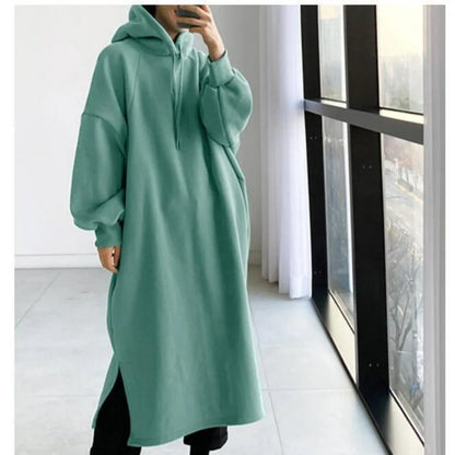 vmtvr Thicken Autumn Winter Women Oversized Hoodie Long Dress Solid Fashion Long Sleeve Female Clothing Split Casual Loose New Dresses