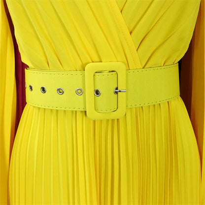 vmtvr Sexy V-Neck Pleated Dinner Party Dress Women Yellow Elegant  with Belt Long Sleeve Robe Femme African Maxi Red Vestido