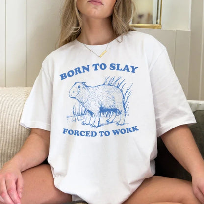 Born to Slay Funny Meme T-Shirts for Women Sassy Cute Cartoon Animal Printed Graphic Tees Sarcastic Lazy T Shirt Vintage Tops