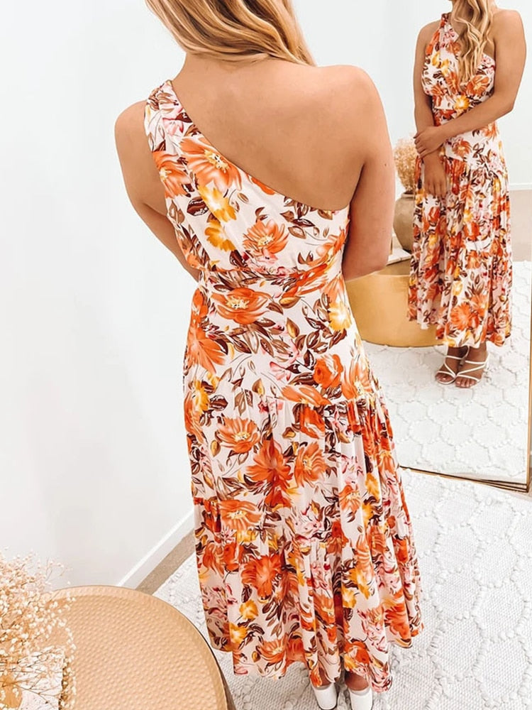 vmtvr - Elegant One Shoulder Summer Long Dress Women Sexy Print Boho Beach Style Maxi Dress Casual Sundress Clothing Women Party Dress