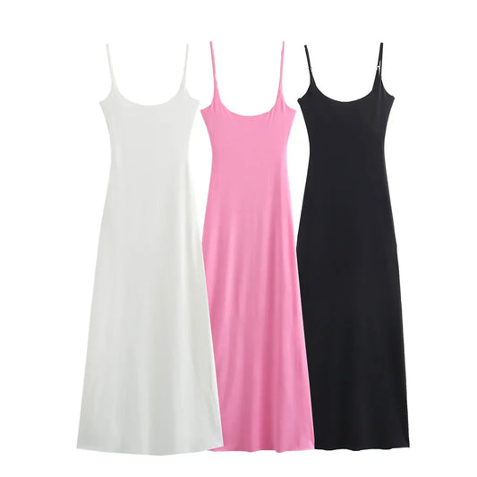 vmtvr 2024 Summer New Women's Fashion, Sexy, Slim Fit, Solid Color Off Back Midi Adjustable Strap Dress