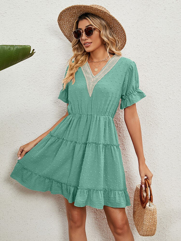 Summer Short Sleeve Dresses For Women Fashion Lace Stitching V Neck Elegant Plus Size Beach Casual Ruffles Mini Dress Vestidos