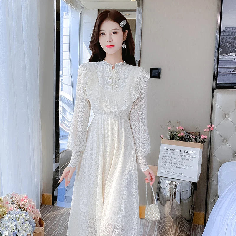 vmtvr Elegant Sweet Vintage Solid Lace Women Midi Dresses for New Autumn Fashion Long Sleeved Cute Party Birthday Fairy Dress