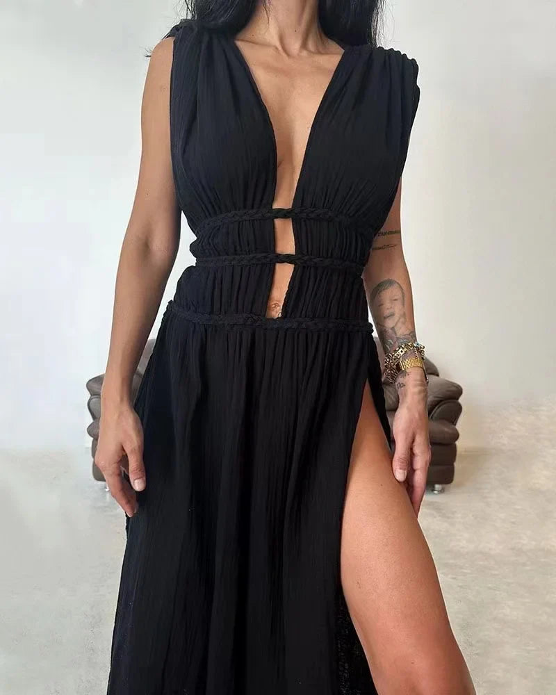 vmtvr 2024 Deep V-Neck Sexy Bohemian Party Dress Women Summer Loungewear Sleeveless Maxi Dress Hollow Out Solid Ladies Dress Vestidos