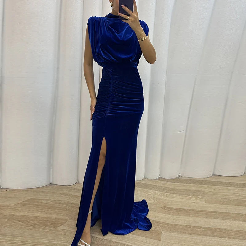 vmtvr Sexy O-neck Sleeveless Soft Velvet Party Dress Women Spring Solid Slim High Slit Draped Long Dress Summer Hollow Mermaid Dresses