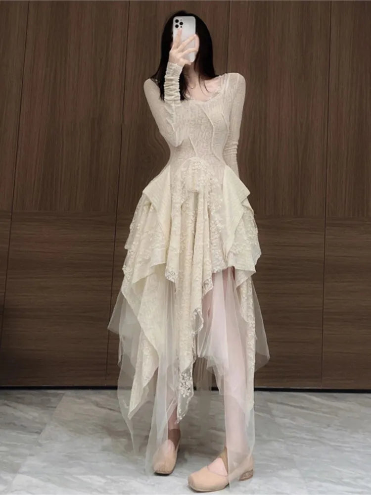 vmtvr - French Elegant Women's Vintage Dress  Autumn Winter New Irregular Lace Splicing Evening Long Bridesmaid Party Dress