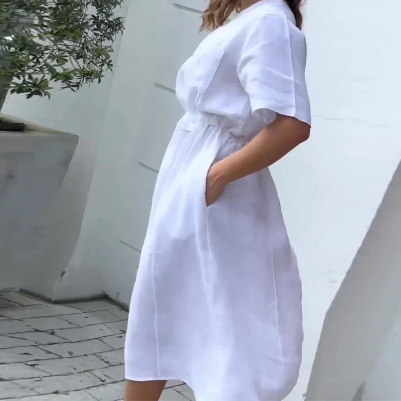 vmtvr Female Casual O-neck Shirring Slim Party Dress Spring Solid Pocket A-Line Long Dress 2024 Women Short Sleeve Simple Summer Dress