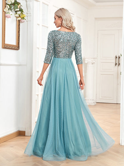 Sexy V-neck Chiffon Evening Dress Long Formal Prom Party Gown Full Sequins Long Sleeve Galadress Vestidos Women Dress