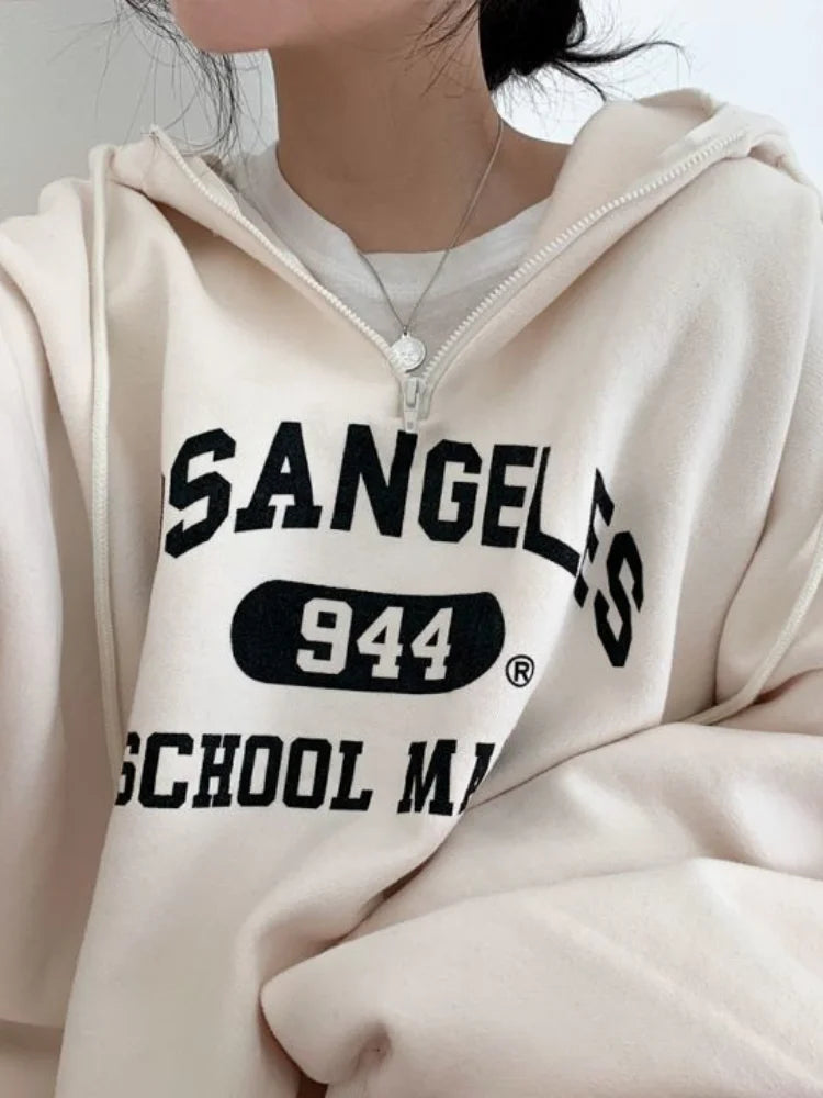 -Fall Outfits Long Sleeve Top -Women Kpop Loose Hooded Sweatshirts Half Zipper Pullover Long Sleeve Couple Top Harajuku Vintage Letter Printed Hoodies