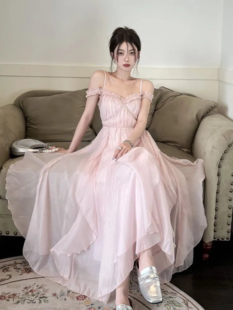 Summer Women Sweet Pink Fairy Chiffon Midi Dress Korean Elegant One-piece A-Line Vestidos Female Clothing Mujers