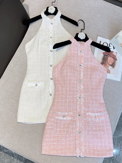 vmtvr  -  Summer New Luxury Elegant French Vintage Small Fragrance Tweed Dress Women Korean Sweet Sleeveless Sexy Dress Mini Vestidos