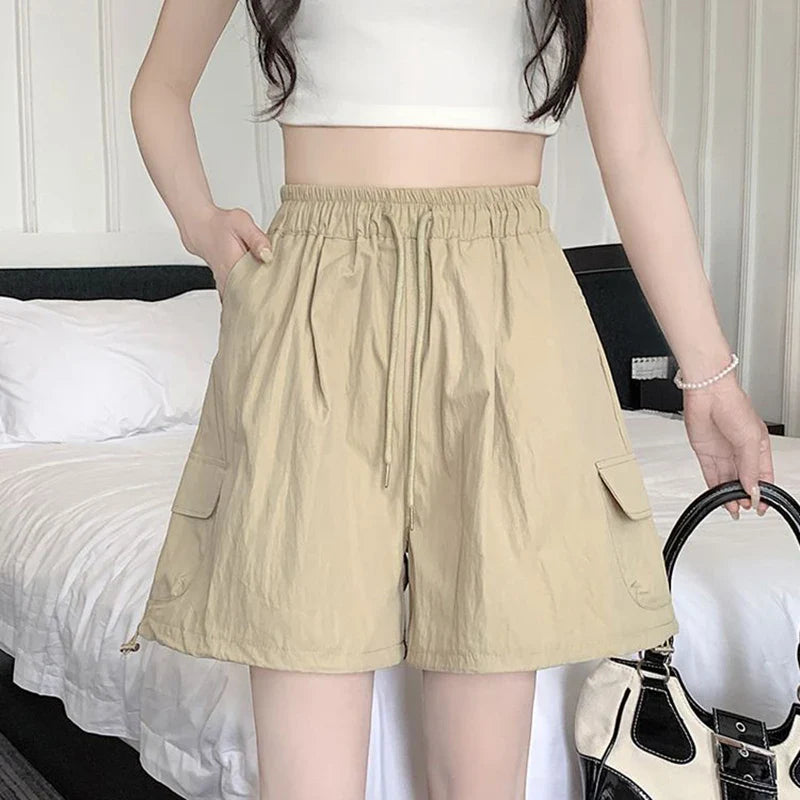 vmtvr Streetwear Women Cargo Shorts Summer Fashion Drawstring Loose Wide Leg Pants Y2K Casual Pockets Female Lantern Shorts New