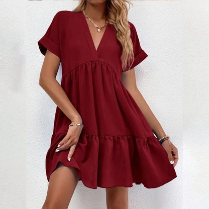 vmtvr - Casual Women Short Sleeve Mini Dress 2023 Spring Summer V-neck Loose Dresses Cute Solid Big Hem Beach Dress Robe De Plage