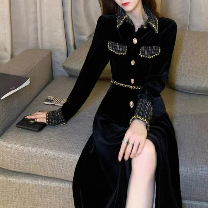 vmtvr  -  Autumn Elegance Simple Small Fragrance Dress Women Waist Closing Slim Polo Neck Button Long Sleeve High End Black Velvet Dresses