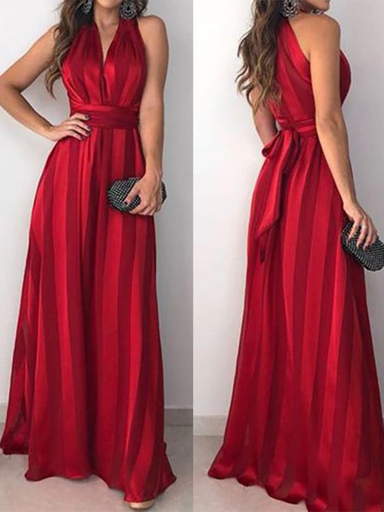 Striped V Neck Sleeveless Maxi Party Dress Women Tied Detail Elegant Long Dress