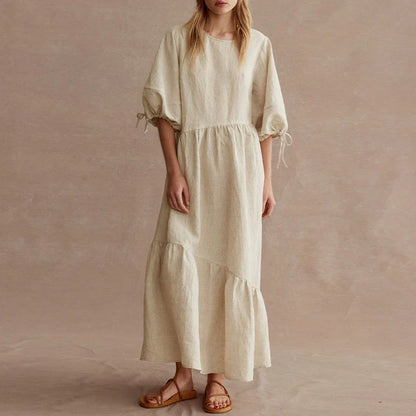 vmtvr Newly French Vintage Elegant Cotton Linen Lantern Sleeve Women Dresses 2023 Summer Casual Solid Tie Loose Maxi Female Dress