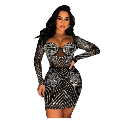 Luxury Geometric Black Rhinestone Short Party Dresses Robe Femme Women Elegant Sequin Bodycon Night Dress Sexy Clubwear