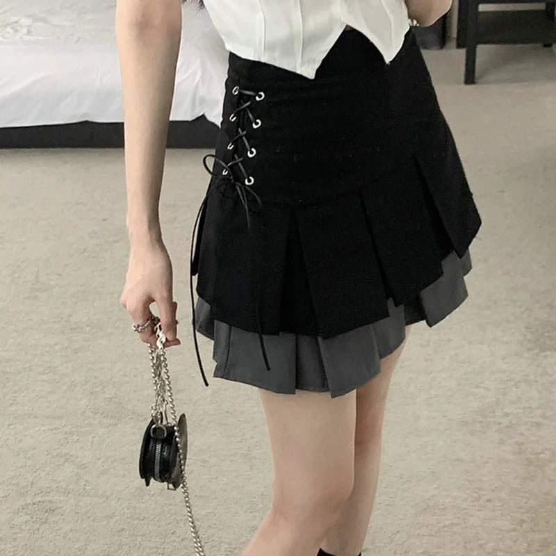 vmtvr High Waist Women Patchwork Skirts Summer Fashion Lace Up Female Mini Skirts Korean Elegant Pleated A Line Skirts New