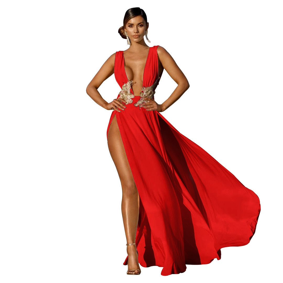 vmtvr Women Evening Party Dress Vestidos Long Maxi Dress Sexy Summer Deep V Neck Backless Dress High Slit Fashion Festival