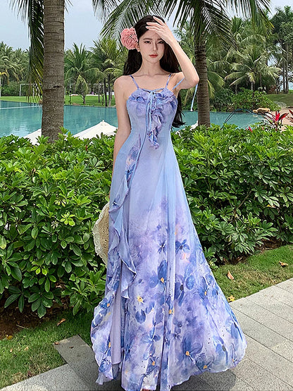 vmtvr Summer For Women Dresses Fashion Floral Print Ruffles Sundresses Bohemian Casual Long Vacation Holiday Bodycon Dress Seaside