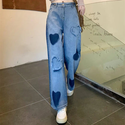 vmtvr High Waist Women Jeans Korean Fashion Love Print Loose Wide Leg Pants Summer Streetwear Female Straight Denim Trousers