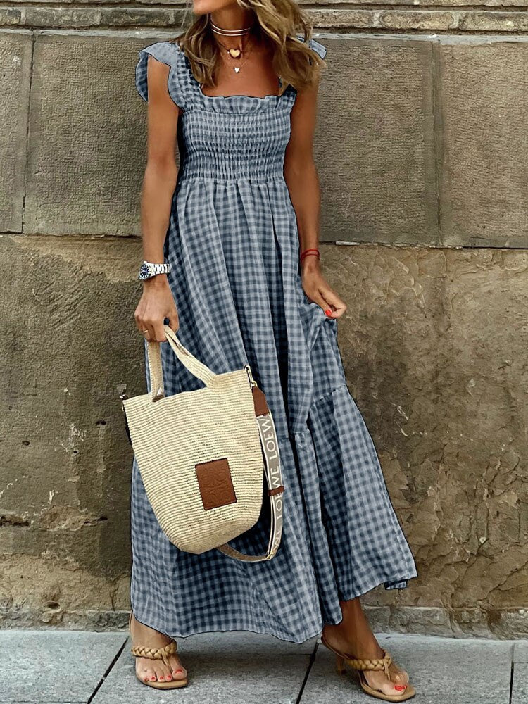 vmtvr -  New Summer Ruffle Sleeve Long Dress Retro Plaid Printed Beach Maxi Dress Women Sexy Square Neck Loose Hem A-Line Dress