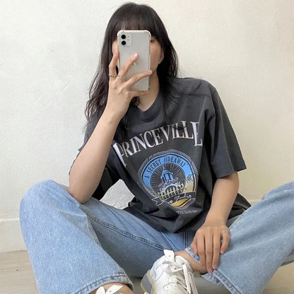 -Retro sports style outfit streetwear 90s fashion American Retro KPOP Dark Grey T Shirts For Female Short Sleeve Loose 100% Cotton Tops Tees 80s 90s Summer Street Cool Shirts