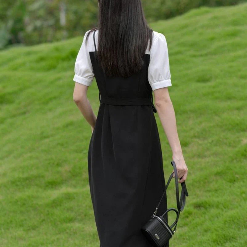 Summer Women's Graceful Patchwork Midi Dress Korean Preppy Style Student Fashion Fake Two Piece Overall Dresses Lady Clothing