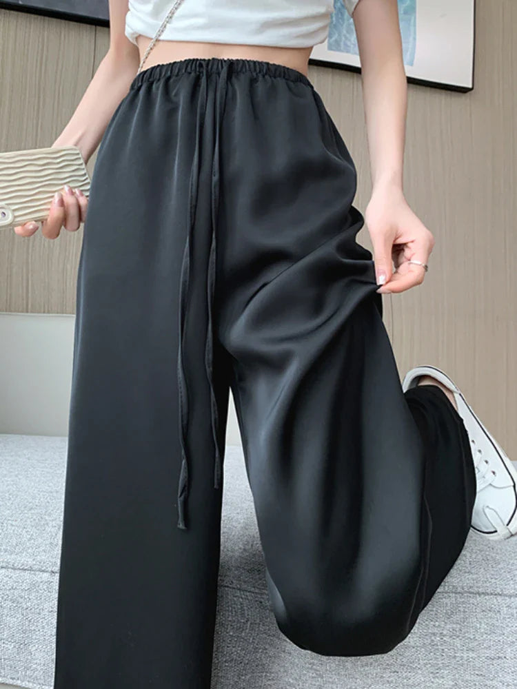 vmtvr Women's Wide Leg Pants Summer Ice Silk Straight Trousers High Waist Ladies Casual Loose Satin Soft Full-length Pants for Women