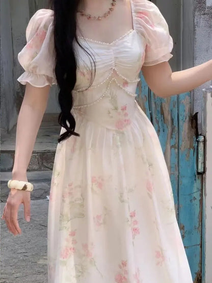 Summer Vintage Floral Print Dress Women Casual Square Collar Midi Dress Female Puff Sleeve Korea Elegant Fairy Dress Vestido NEW