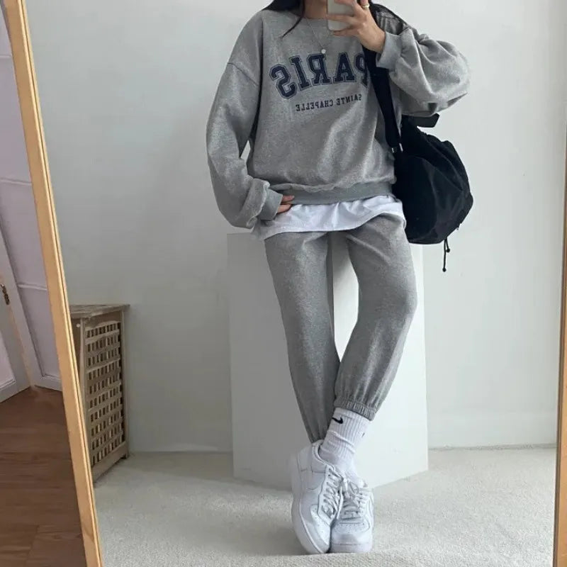 - Women's Tracksuit Casual Long Sleeve Sport Suits Autumn Warm Paris Letter Printed Sweatshirts + Pants Fleece Two Piece Sets