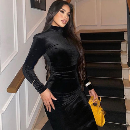 Long Sleeve Elegant Black Velvet Bodycon Maxi Dress For Women Ruched Party Evening Long Dresses 2023 Spring Female Clothes