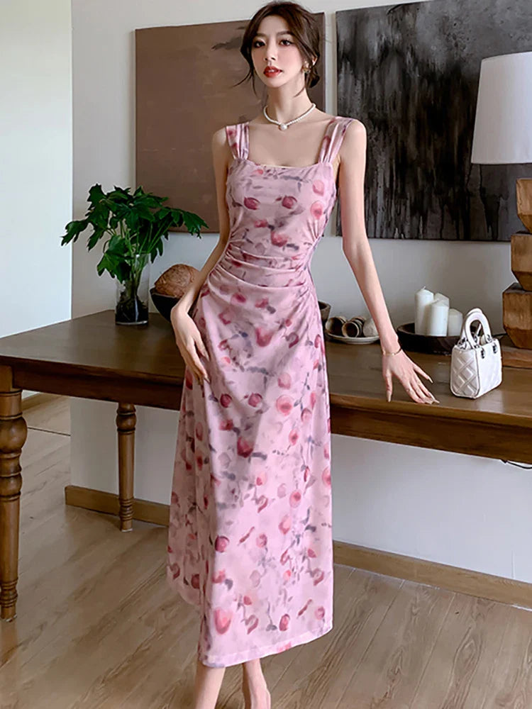 vmtvr 2024 Pink Floral Mesh Chic Sling Long Dress Summer Elegant Casual Beach Sundress Women Korean Fashion Bodycon Party Night Dress