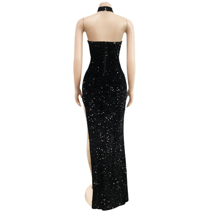 Luxury Birthday Party Dress Women 2023 Spring Sexy Elegant Off Shoulder Backless Halter Zip-up High Slit Sequin Evening Dresses