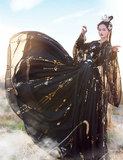 Solredo Chinese Ancient Costumes Traditional Hanfu Women's Folk Dance Clothes Retro Girl Cosplay Fairy Princess Black Dresses