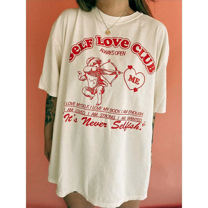 -Retro sports style outfit streetwear 90s fashion Self Love Club Women Oversized T Shirts Short Sleeve Crewneck Thick Cotton Angel Printing Tees Ins Street Fashion Cool Tops