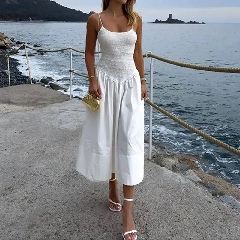 vmtvr Elegant Sleeveless High Waist Beach Dress 2024 Fashion Off Shoulder Pleated Holiday Dress White Summer Strap Long Dress