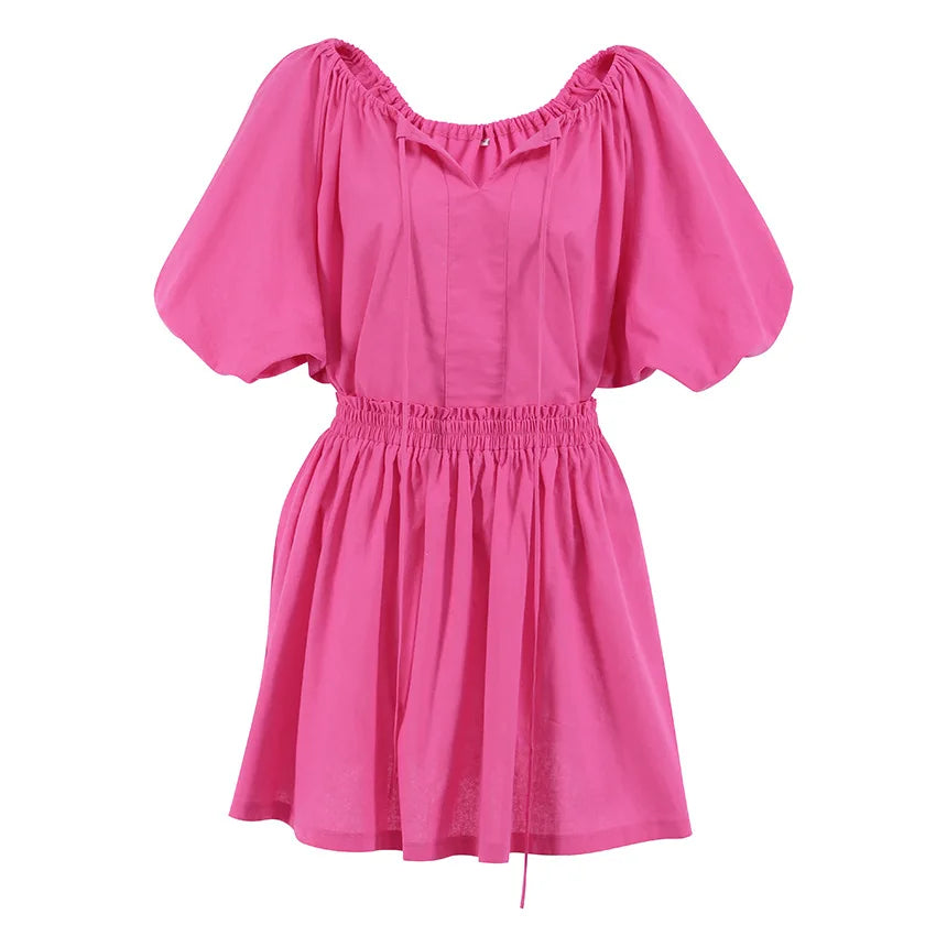 vmtvr Original Girl Pink Shirt Short Skirt Suit Spring and Summer Women's Casual Bubble Sleeve Top Pleated High Waist Short Skirt Set