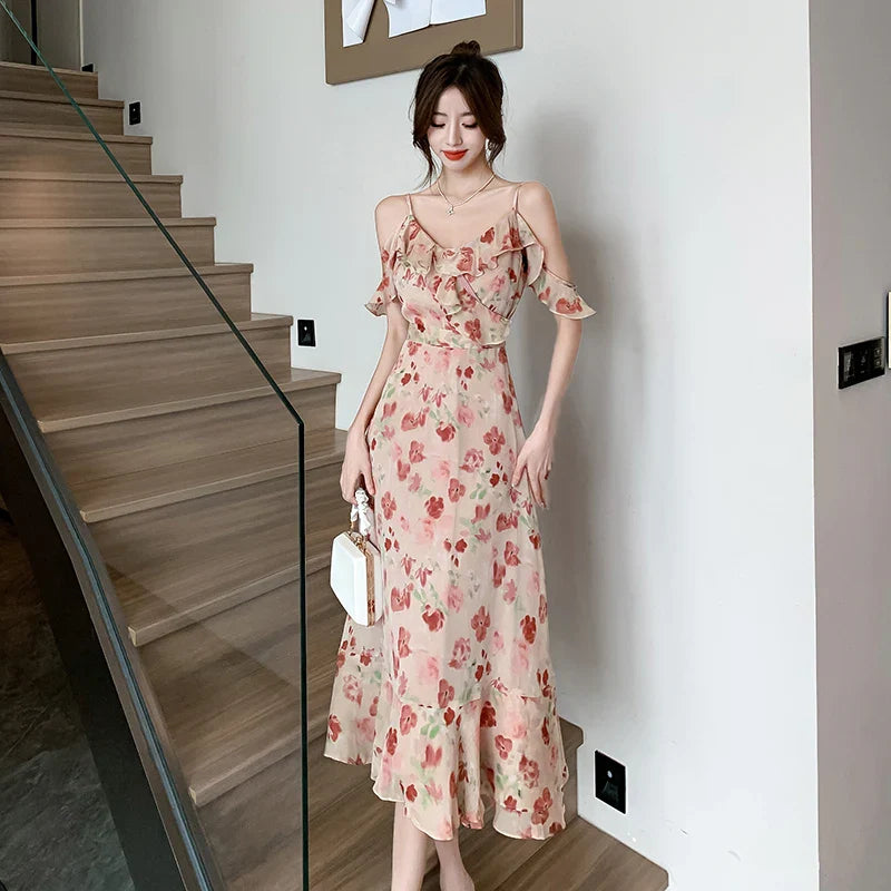 vmtvr 2024 Pink Floral Chiffon Chic Ruffled Sling Dress Women Elegant Casual Beach Dress Sets Summer Korean Fashion Casual Party Dress