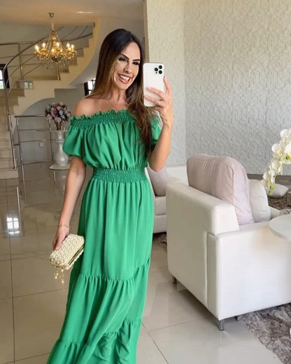 Summer Loose Long Dress Women Casual Elegant Ruffle Halter Sleeveless Female Party Outfits Beach Maxi Dresses Green Tie-Up Robe