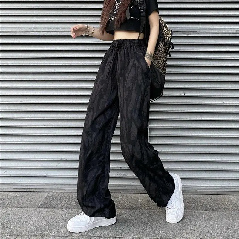 vmtvr Summer Thin Women Tie Dyed Sports Pants Harajuku Korean Fashion High Waist Hip Hop Vintage Pockets Black Loose Casual Trousers