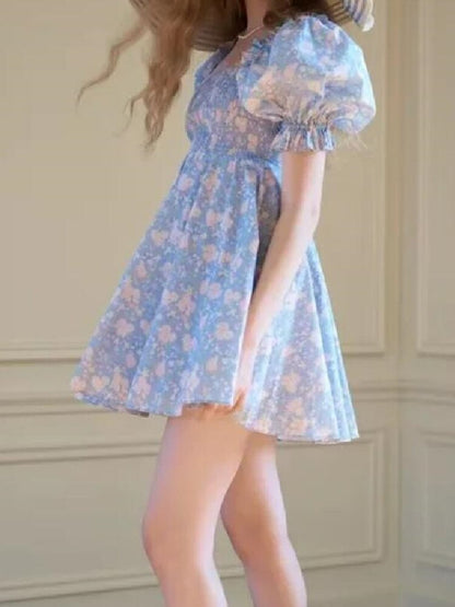 Sweet Princess Blue Flower Print Square Collar Puff Sleeve Mini Dress Elastic Ruched Chest Backless V Back Woman Fairy Robe