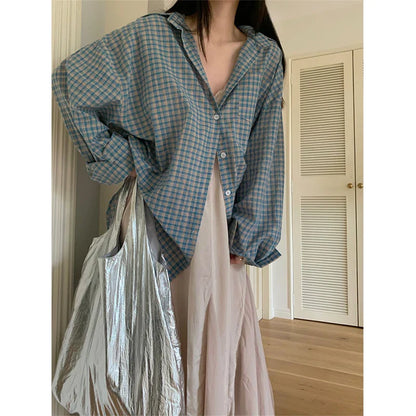 vmtvr Harajuku Plaid Sun Proof Shirts Women Streetwear Oversized Long Sleeve Blouses Summer Korean Fashion Loose Sun Protection Tops